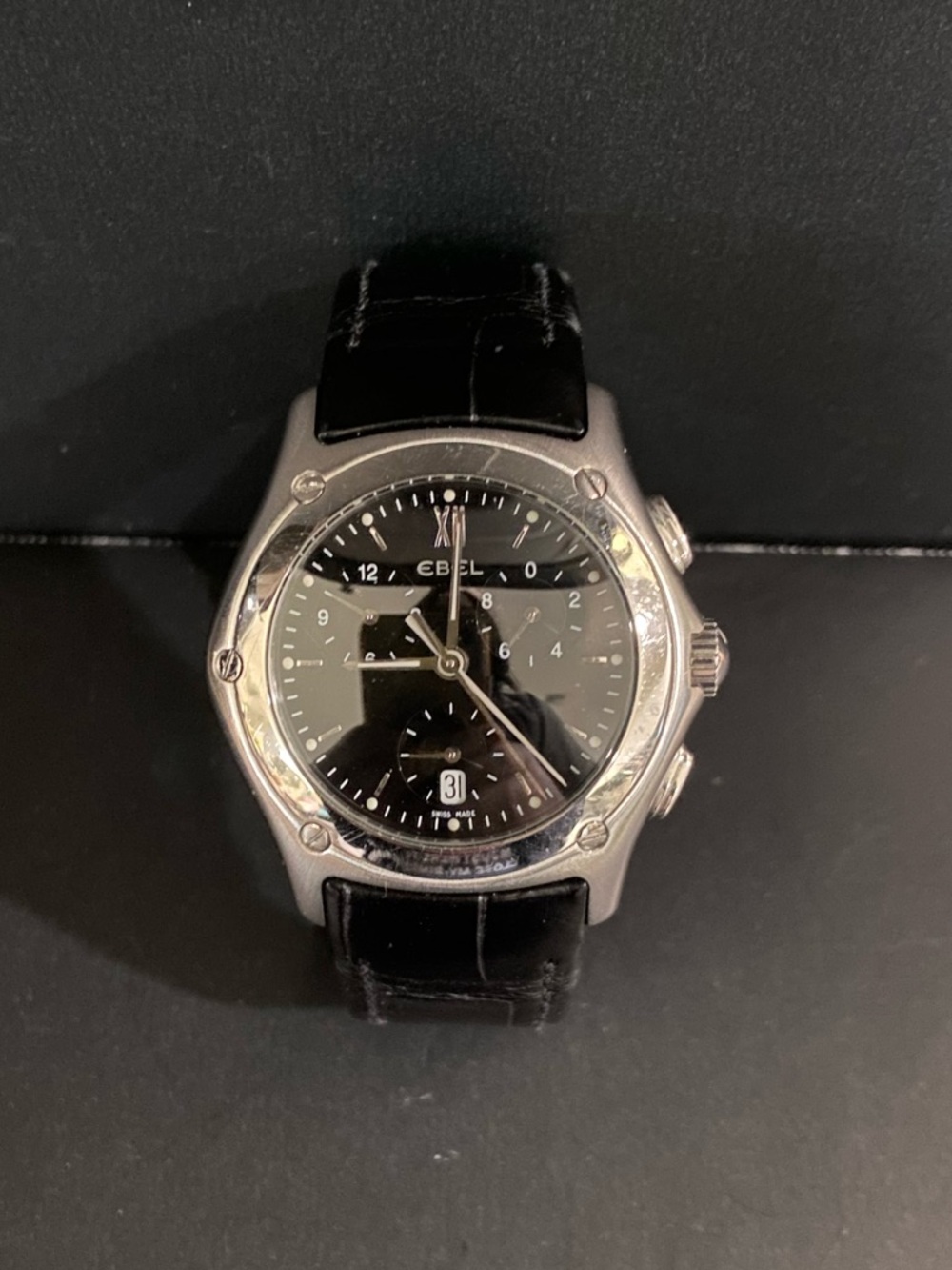 Mens Ebel Classic Wave Chronograph Watch with Black Leather Ebel Croc Band